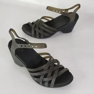 Crocs Huarache Wedge Sandals Ankle Strap Black Bronze Women’s Size 8